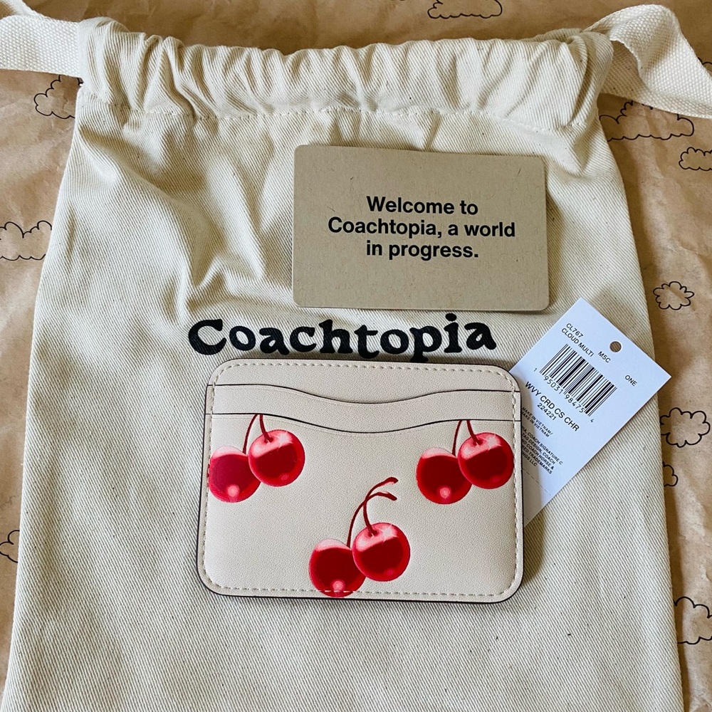Coach Wavy Card Case in Coachtopia Leather with Red Cherry Print